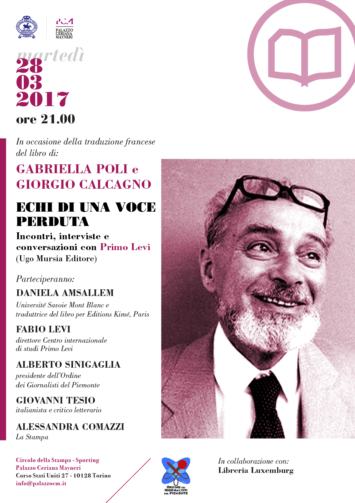 Palazzo Ceriana Mayneri 28 marzo: Anniversario Primo Levi