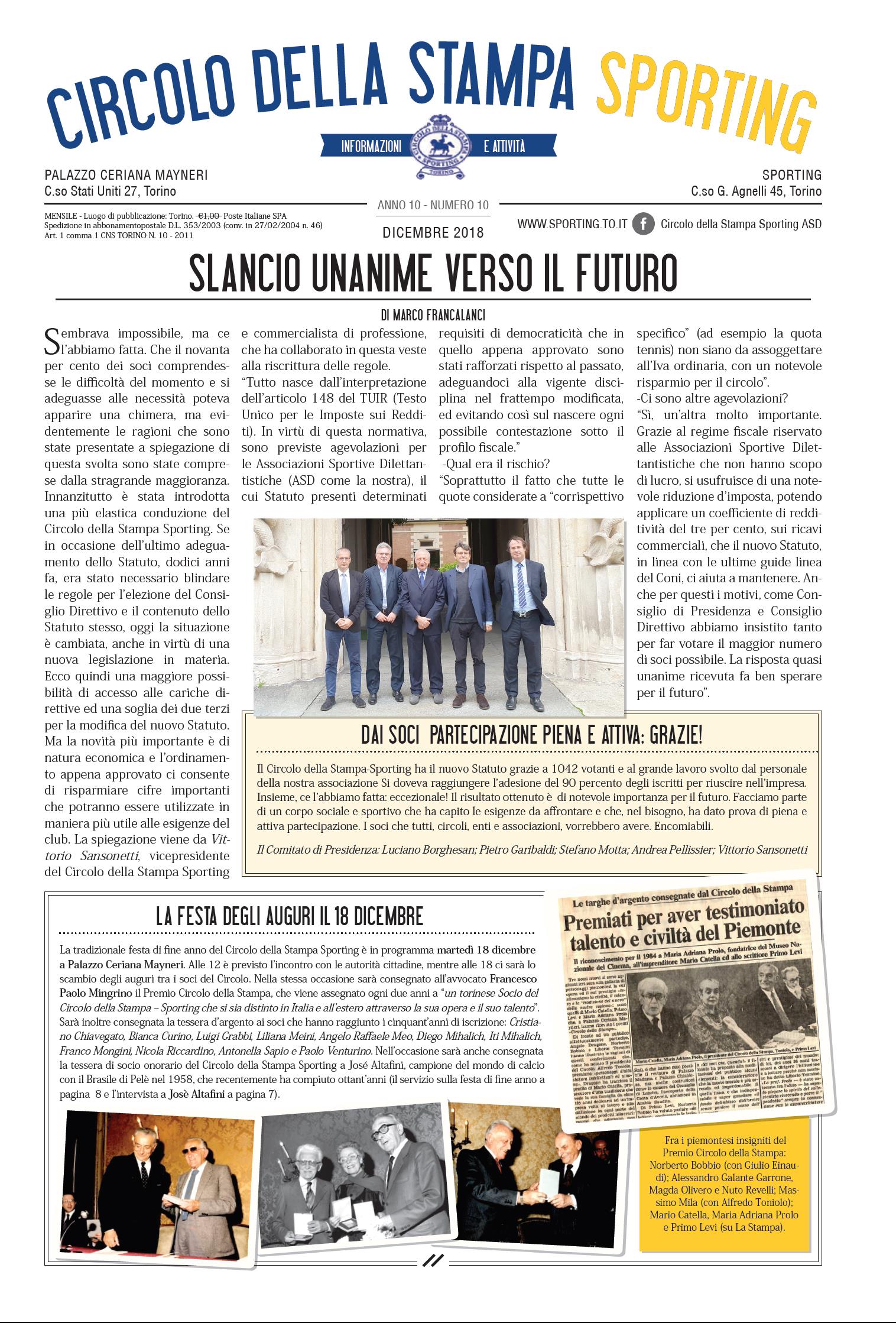 CIRCOLO DELLA STAMPA SPORTING dicembre 2018