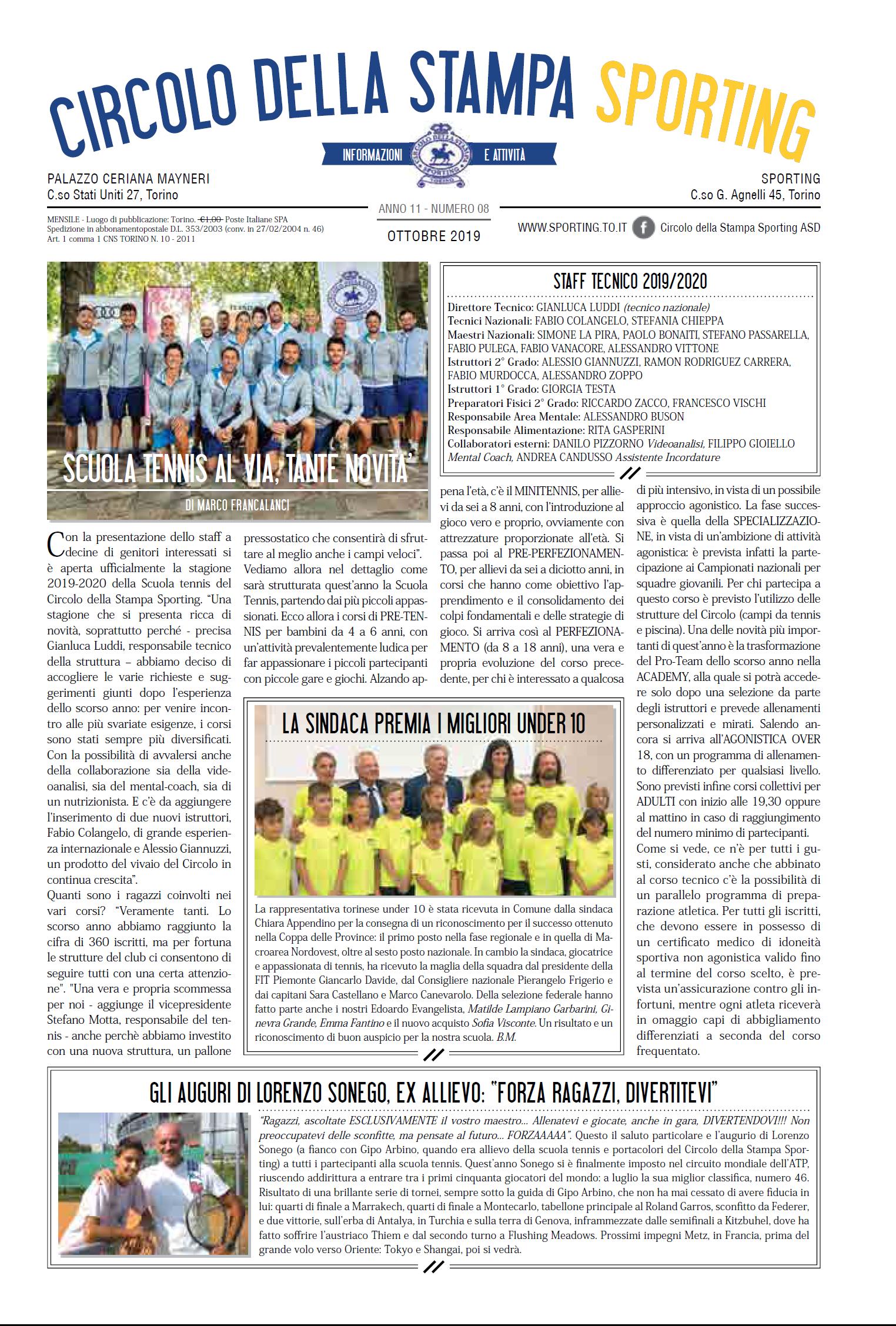 CIRCOLO DELLA STAMPA SPORTING ottobre 2019