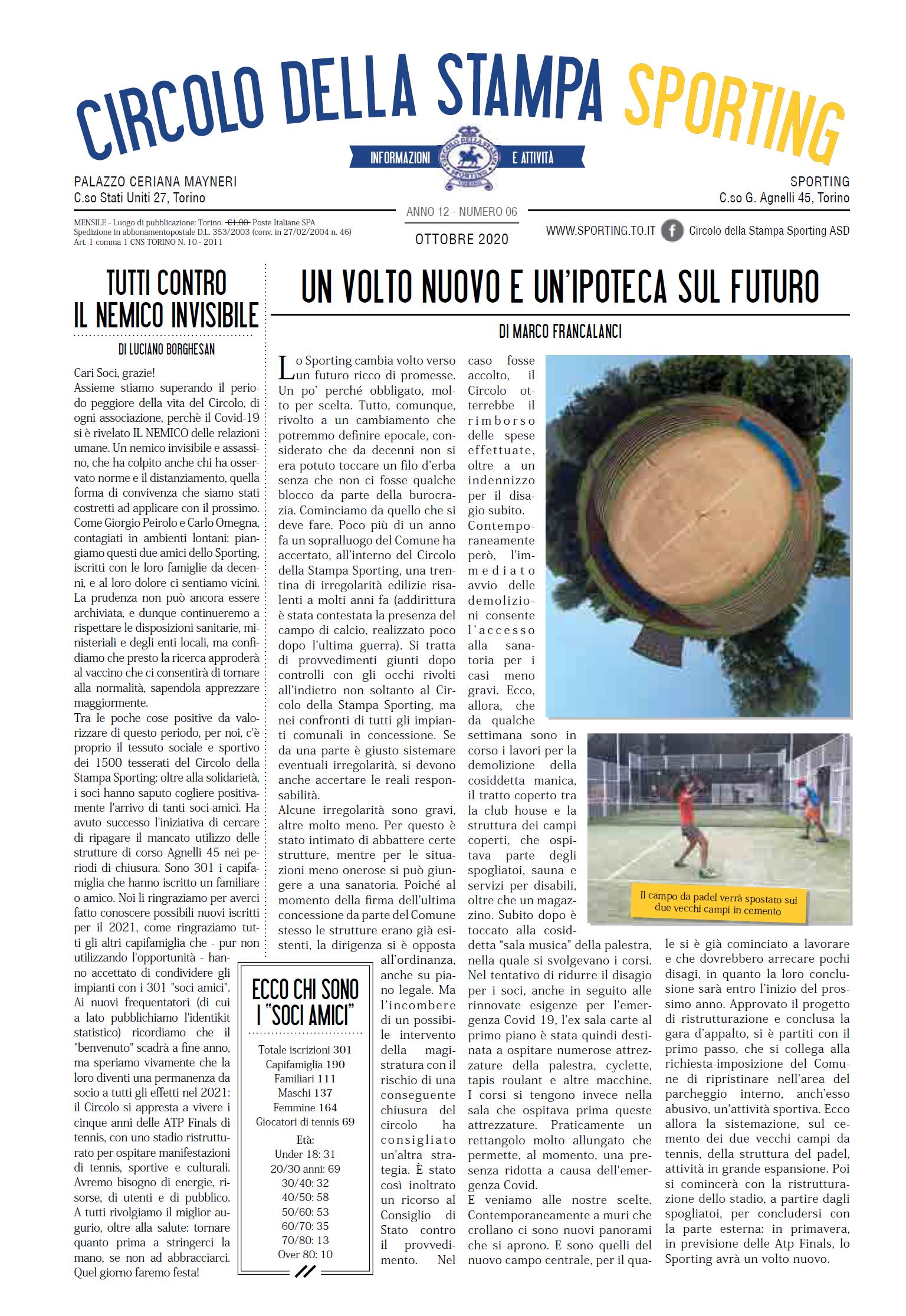 CIRCOLO DELLA STAMPA SPORTING ottobre 2020