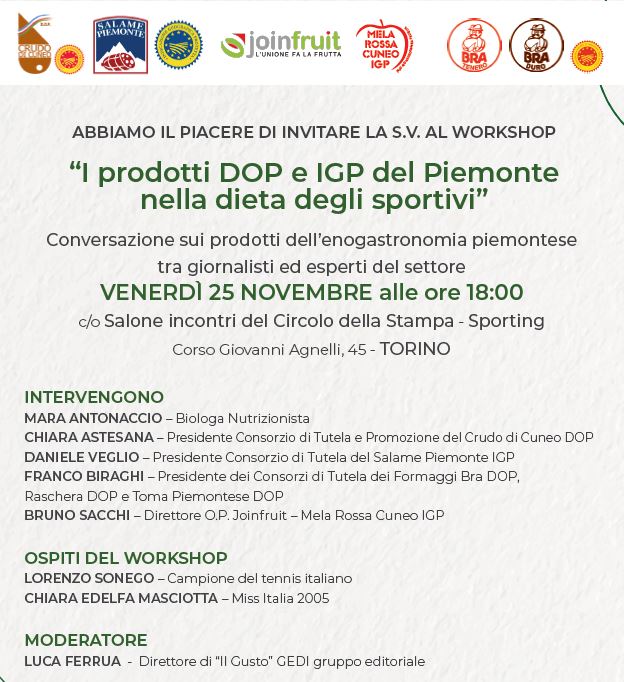 IL 25 NOVEMBRE ALLO SPORTING CONFERENZA A CURA DEI CONSORZI DOP E IGP PIEMONTE