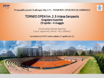 2° TORNEO OPEN INTESA SANPAOLO, IN PALIO LA WILD CARD PER IL CHALLENGER ATP 175