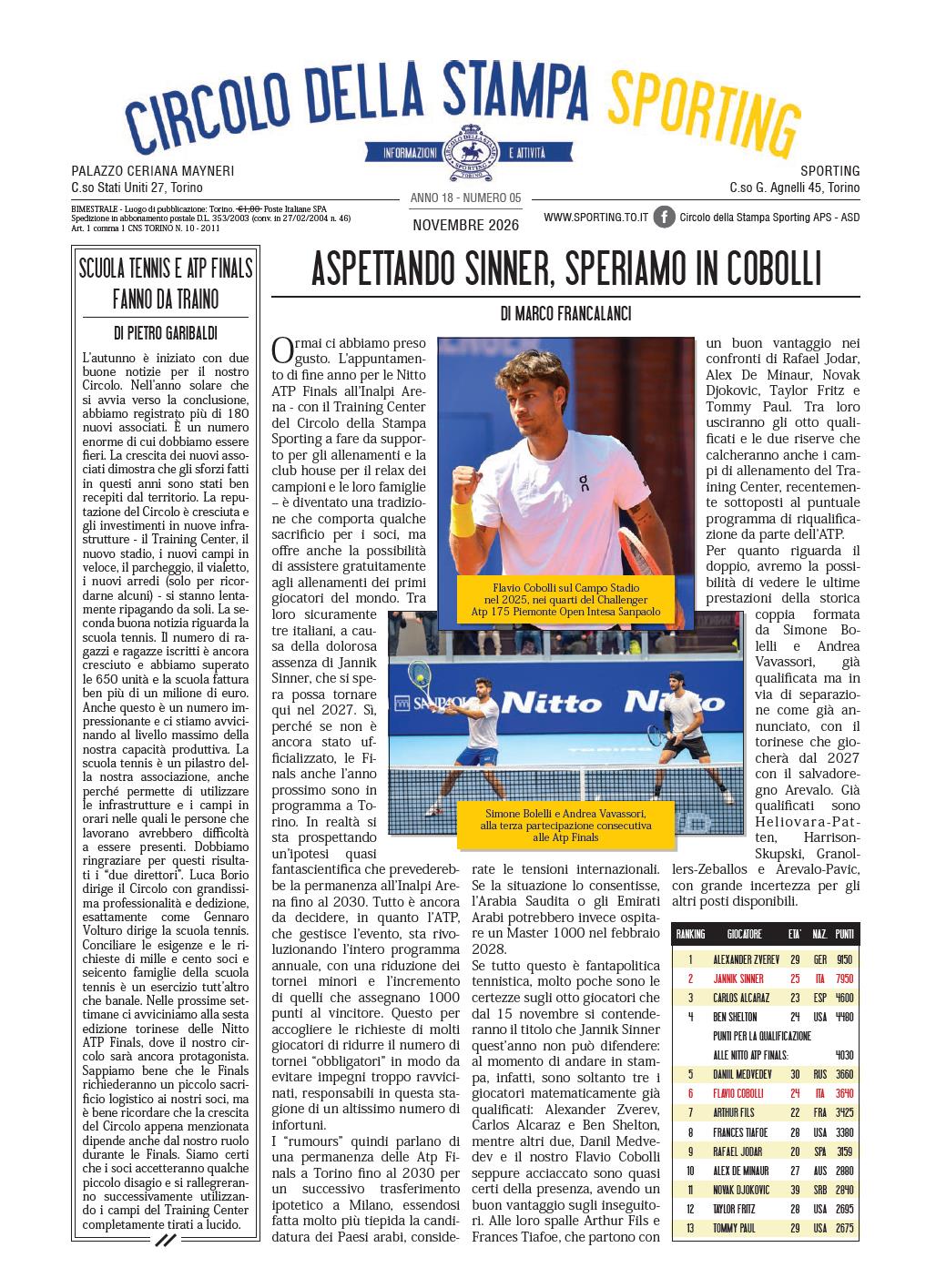 CIRCOLO DELLA STAMPA SPORTING magazine, novembre 2026